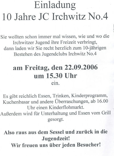 Einladung 10 Jahre Jugendclub Irchwitz